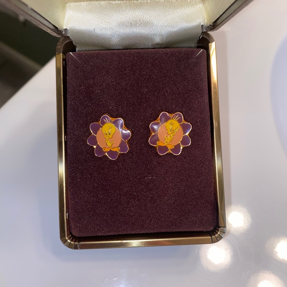 Tweety 90s Vintage Looney Tunes Gold Trim Purple Flower Earrings